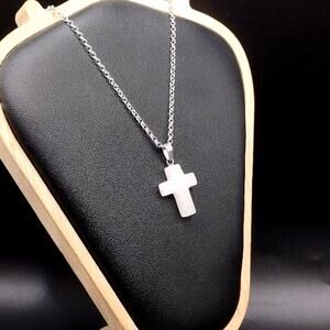 925 Silver Necklace W/ White Quartz Stone Cross Boho Anniversary Birthday Gift